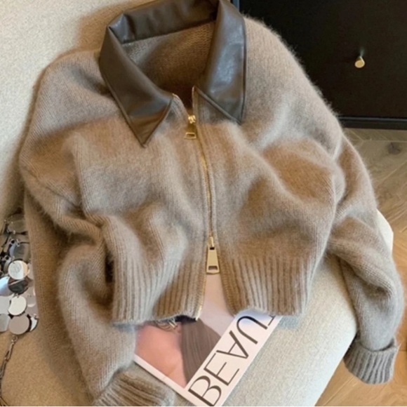 Jackets & Blazers - New Women's Beige Jacket with Leather Collar double zipper cardigan